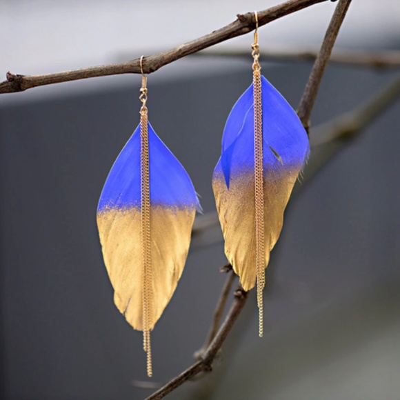 Gold-Dipped Royal Blue Chain Feather Earrings - Picture 1 of 5